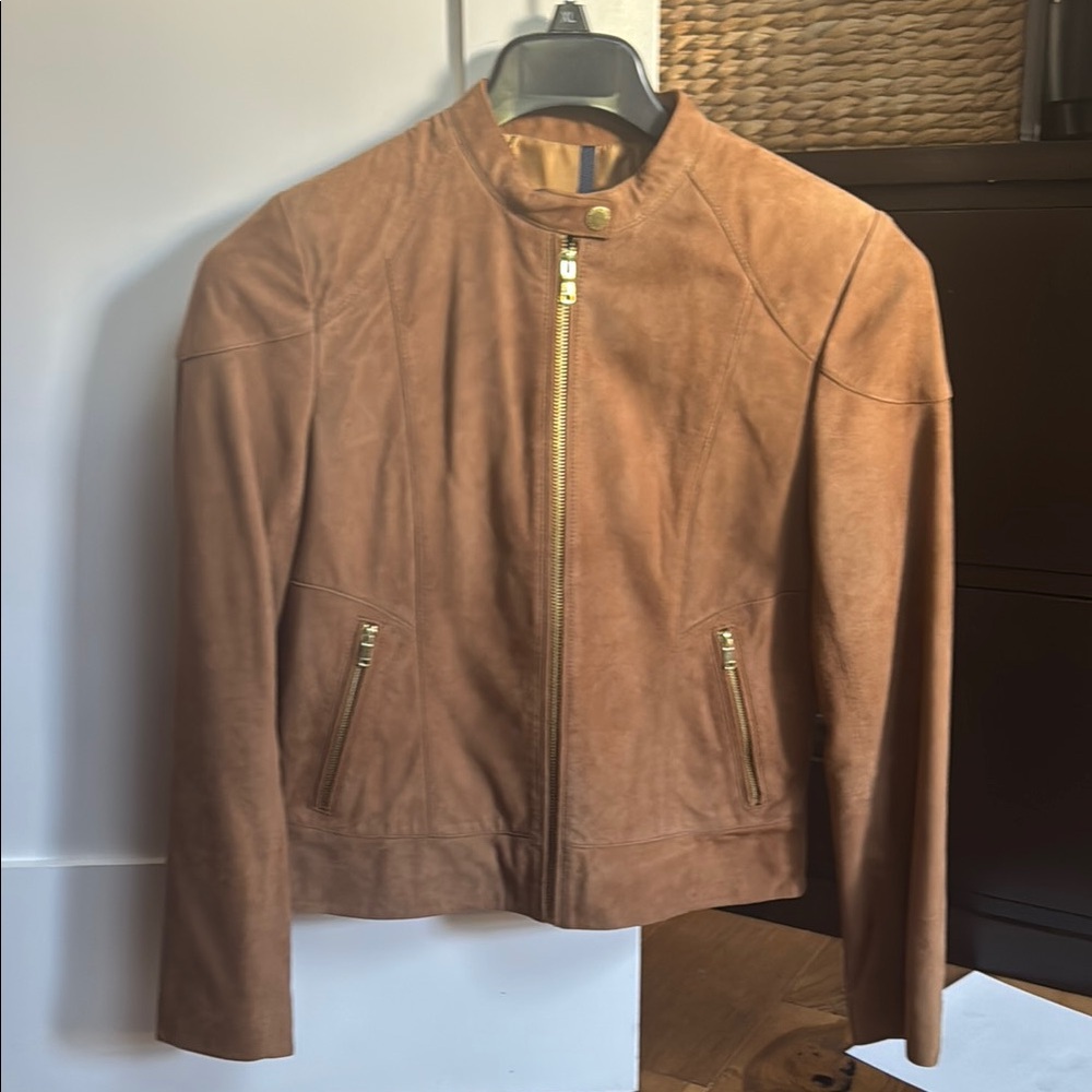 Cole Haan Brown Leather Jacket with Gold Zipper